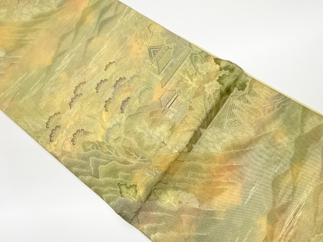 リサイクル　山並みに木々・寺院模様織出し袋帯